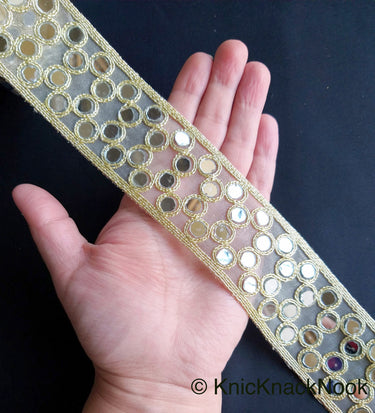 Gold Sheer Fabric Lace Trim With Gold Embroidery And Mirror Embellishments, Wedding Trims, Indian - 210119L16
